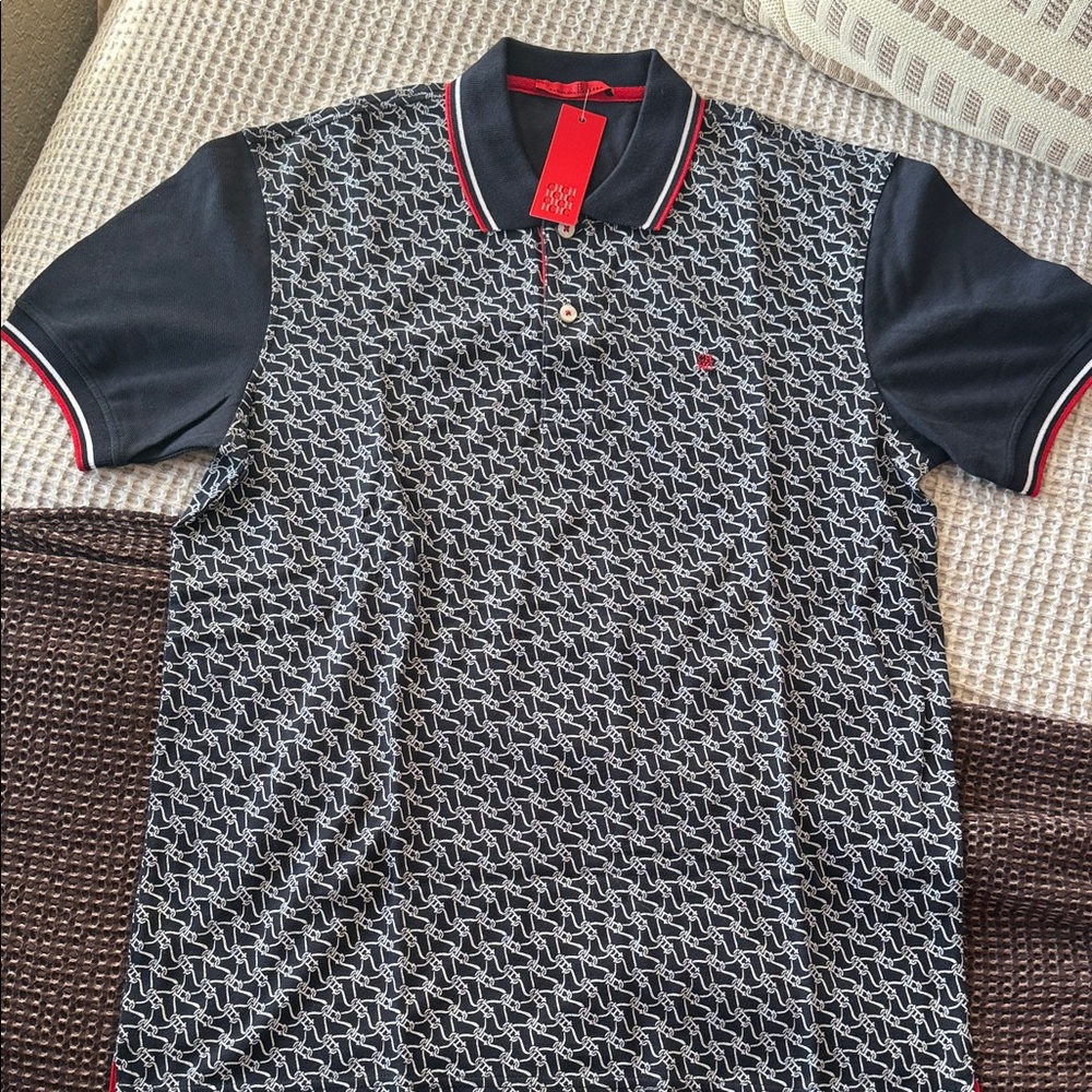 Carolina Herrera Navy and Red Patterned Polo